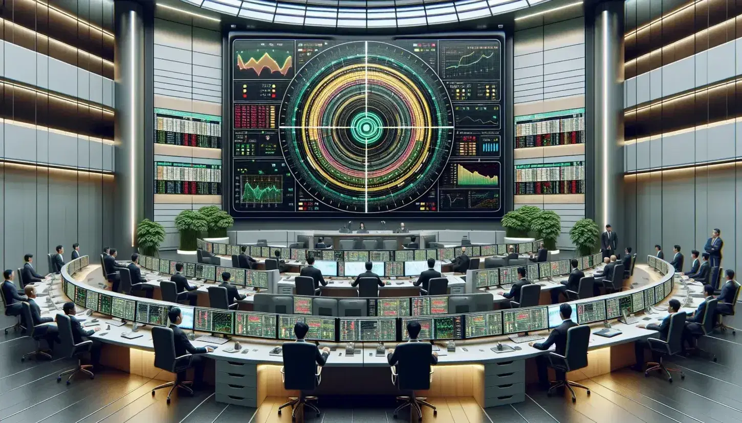 Sala di controllo di una banca centrale con schermo circolare e luci, impiegati concentrati, lavagna con grafici, terminali con monitor e dettagli di piante verdi.