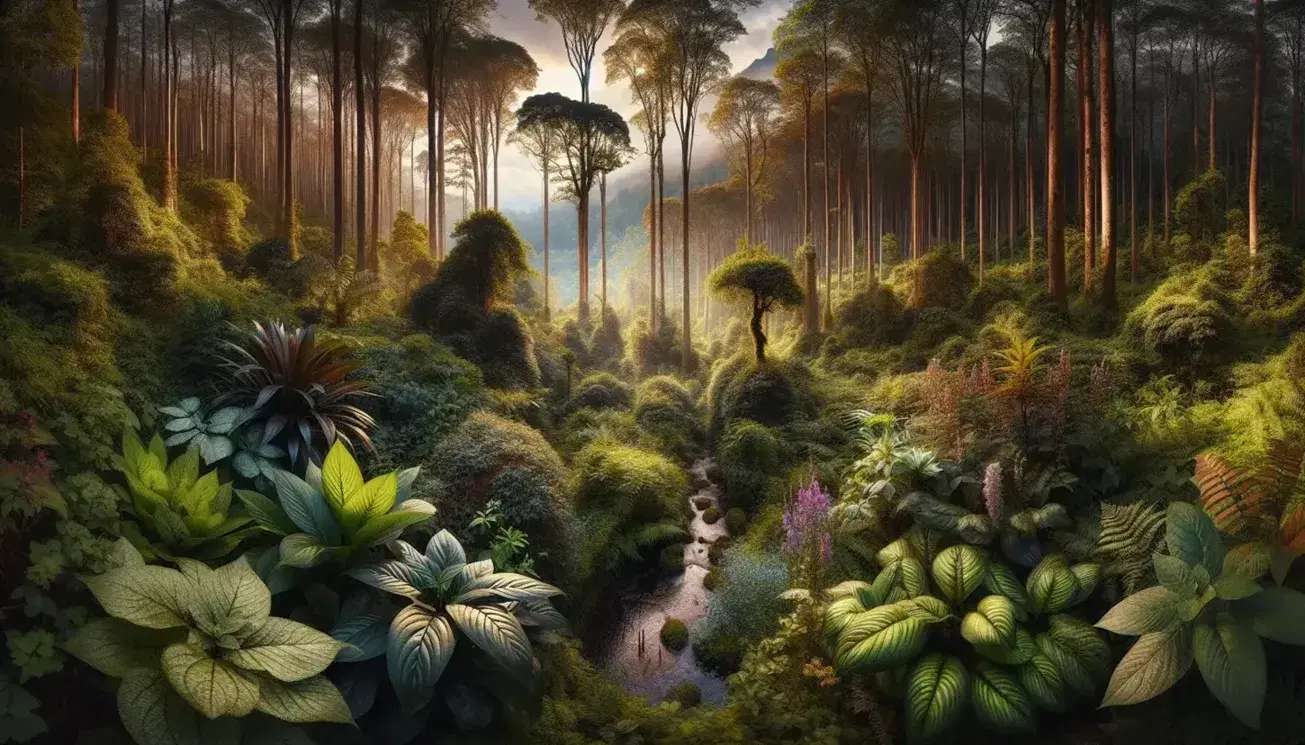 Vista panorámica de un bosque denso con vegetación en capas, plantas herbáceas con flores, arroyo serpenteante, árboles frondosos y montañas en la bruma al fondo.