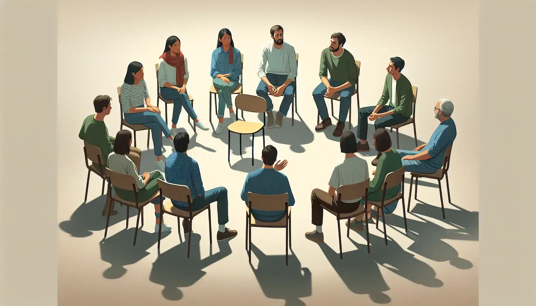 Diverse group of people sitting in a semi-circle in a group discussion, with an empty chair in the center, in an environment with natural lighting.