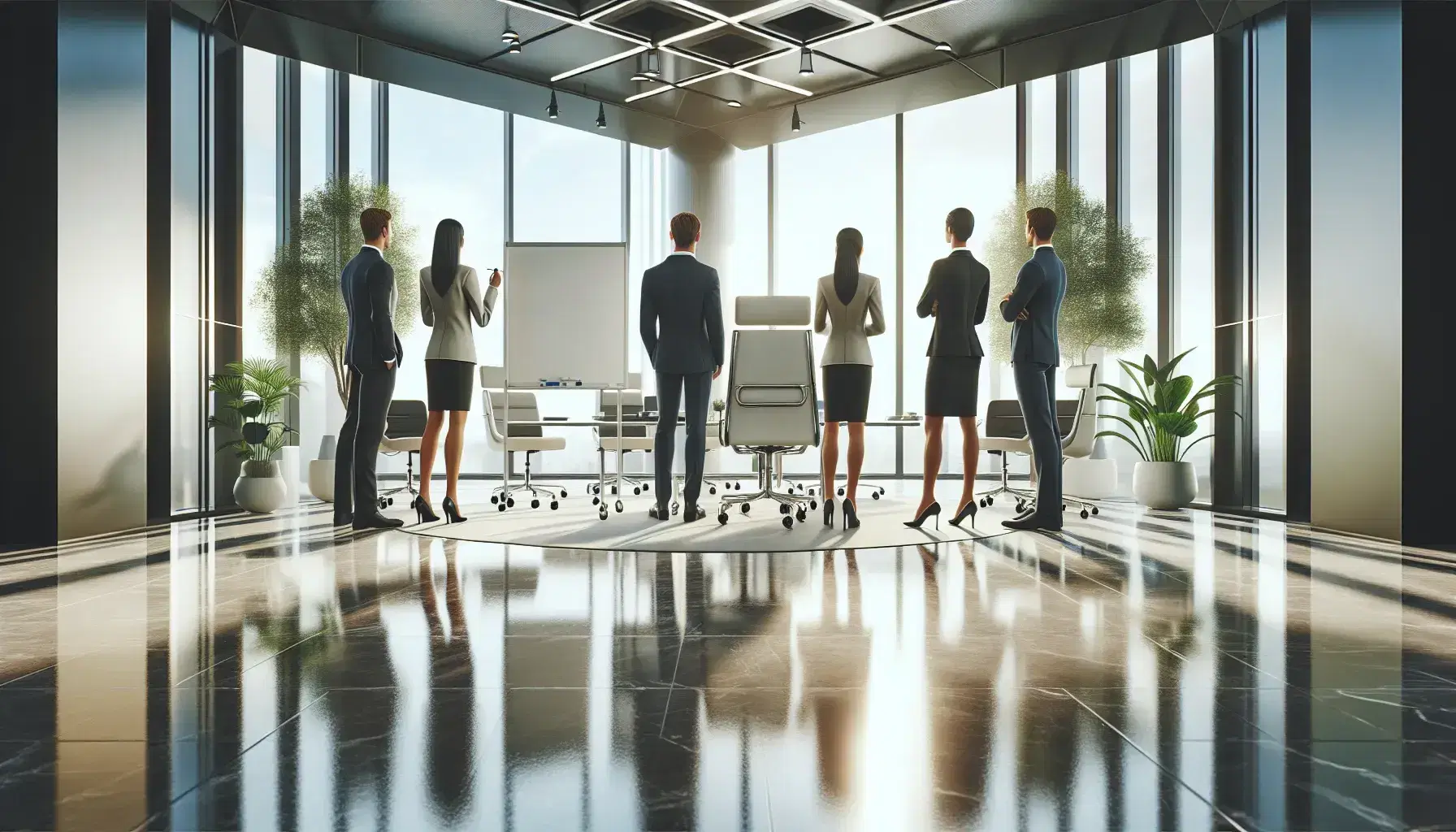 Grupo de cinco profesionales en oficina moderna discutiendo estrategias frente a pizarra blanca, con amplias ventanas y decoración con plantas.