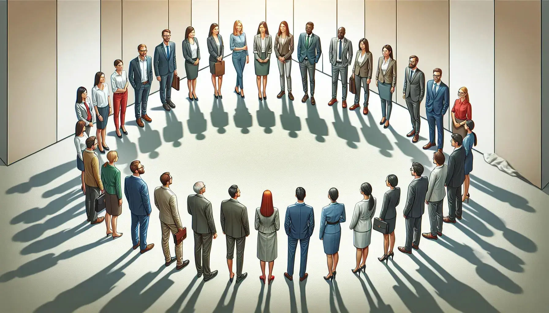 Grupo diverso de profesionales en semi-círculo con espacio central vacío, vestidos con trajes y atuendos de negocios, en ambiente laboral iluminado y acogedor.
