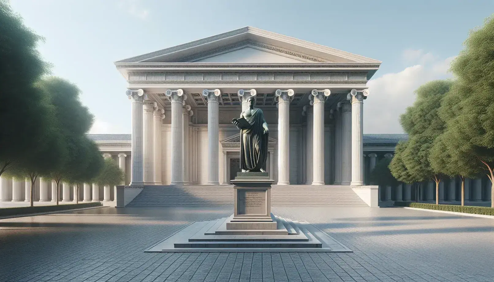 Edificio de arquitectura clásica con columnas y frontón, escalinatas al frente, estatua de bronce de hombre con toga y libro, plaza adoquinada y árboles a los lados en día soleado.