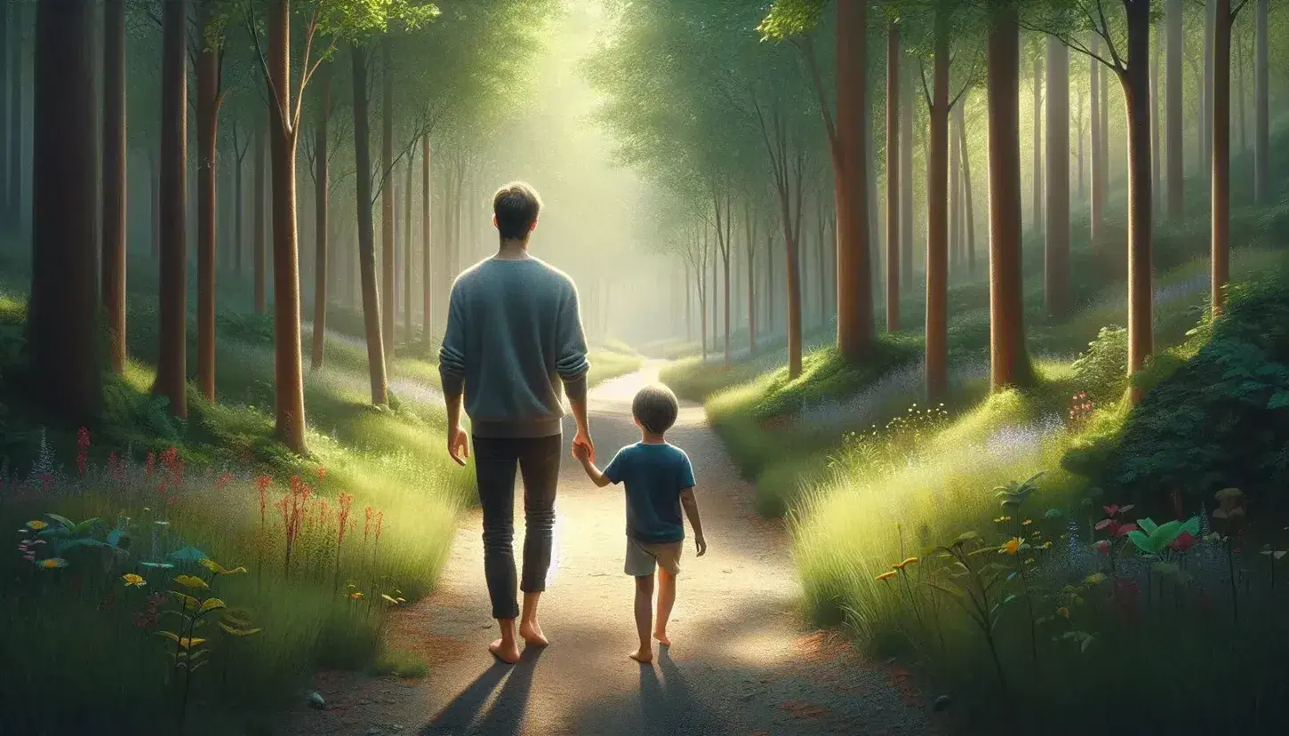 Adulto e bambino a piedi nudi tengono le mani camminando su sentiero boschivo, con luce solare filtrante e corona di foglie sul capo del bambino.