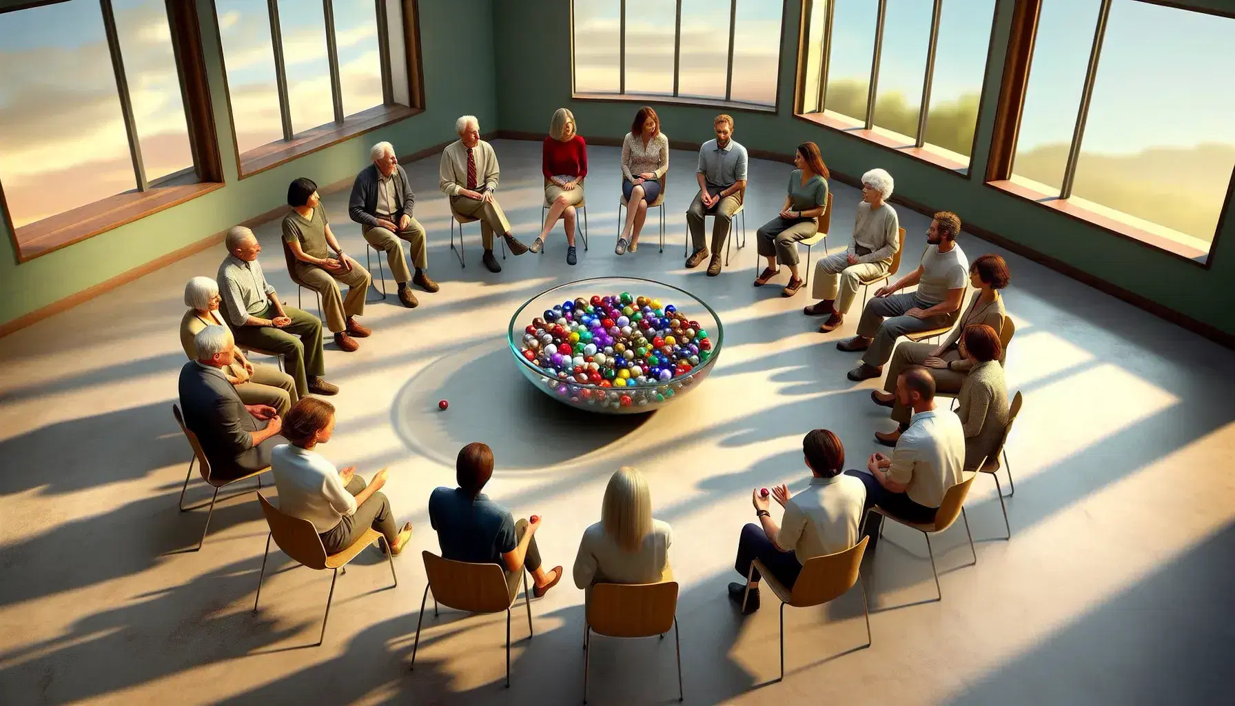 Multi-ethnic group sitting in a circle in a bright room, passing colorful marbles on a table, symbolizing collaboration and diversity.