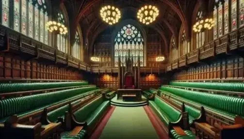 Elegant wood-paneled chamber with horseshoe-shaped green leather benches, a central red-cushioned chair, and a stained glass window above.