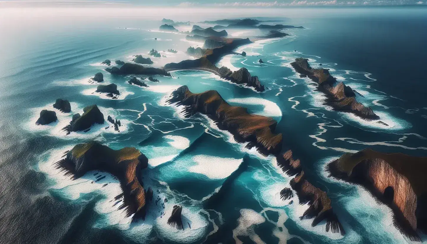 Vista aerea di una costa frastagliata con onde azzurre che si infrangono sui promontori rocciosi e inlets verdi.
