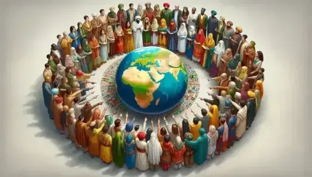 Cerchio di persone in abiti tradizionali di diverse culture che toccano un globo terrestre, simboleggiando unità e rispetto reciproco.