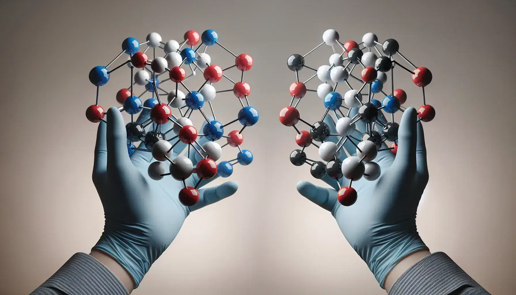 Manos con guantes de laboratorio sostienen modelos moleculares tridimensionales en espejo con esferas rojas, azules, blancas y negras unidas por varillas grises.