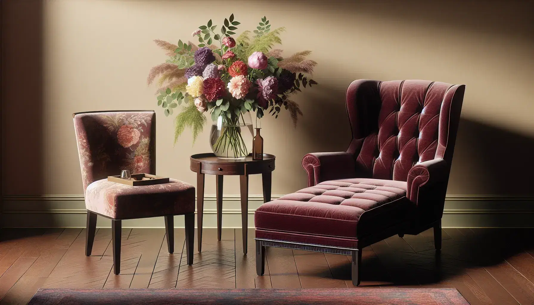 Cozy therapist office with vintage burgundy chaise longue, armchair, coffee table with vase of colorful flowers and window with garden view.