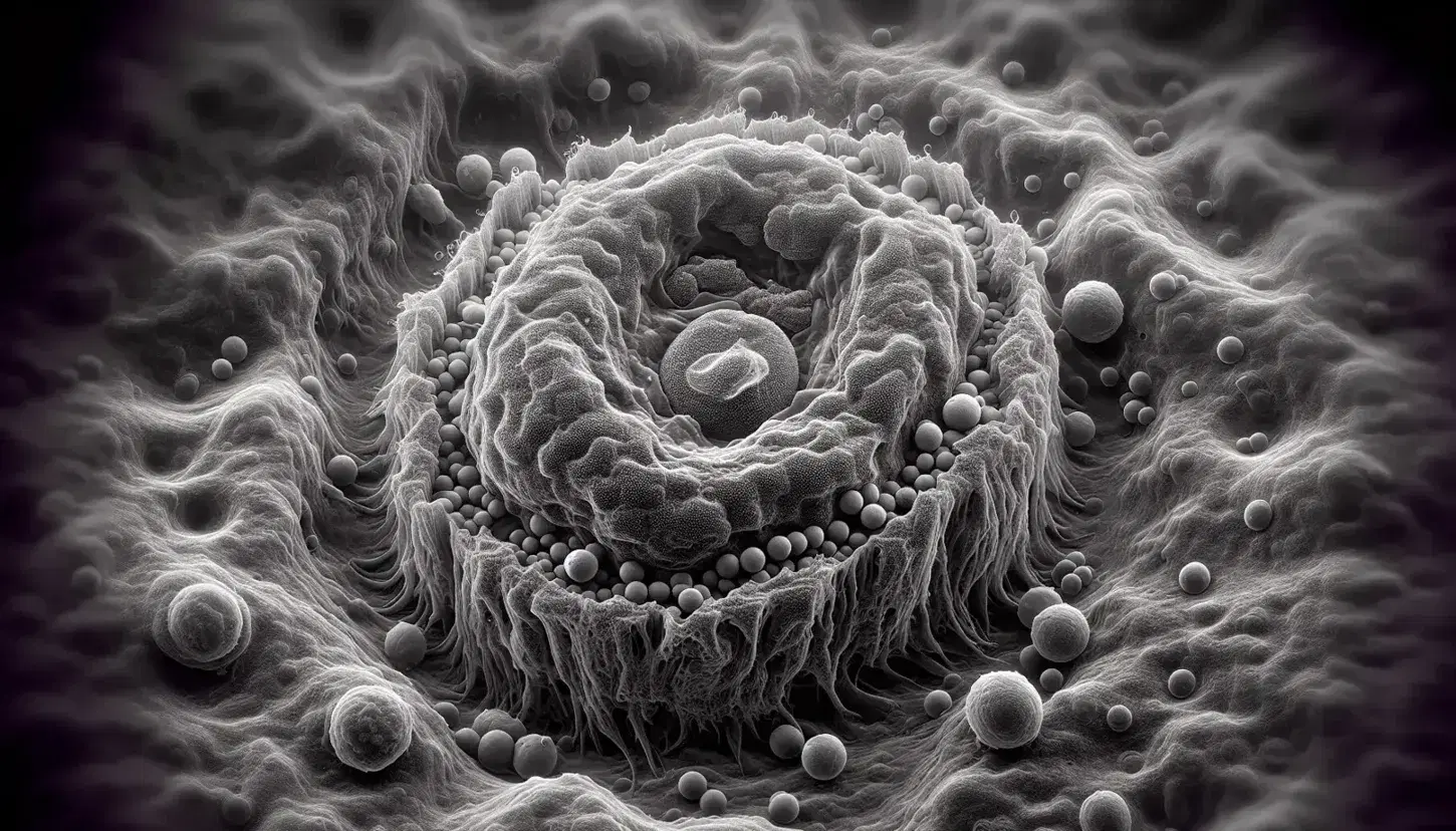 Vista cercana de célula animal bajo microscopio electrónico, mostrando núcleo ovalado y orgánulos periféricos en tonos grises que reflejan una superficie celular irregular y granular.