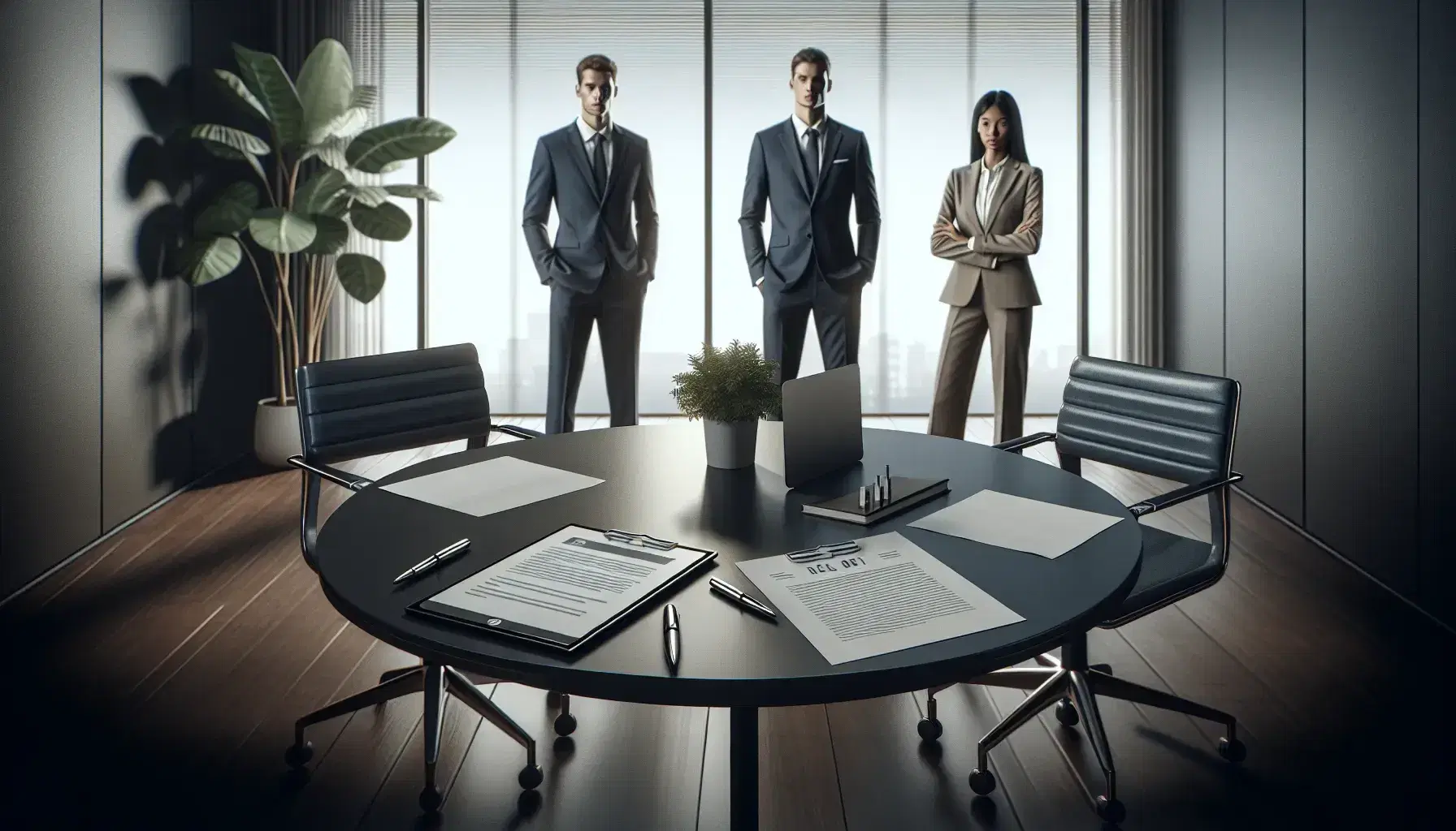 Corporate office setting with three professionals discussing near a round table with papers and a tablet, a potted plant to the side, and a window with cityscape views.