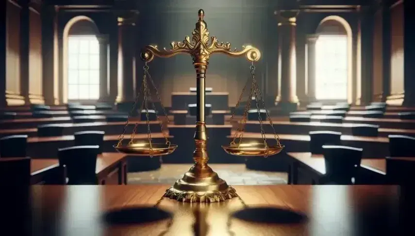 Bilancia della giustizia dorata bilanciata in primo piano su sfondo sfocato di aula vuota con panche di legno e luce soffusa.