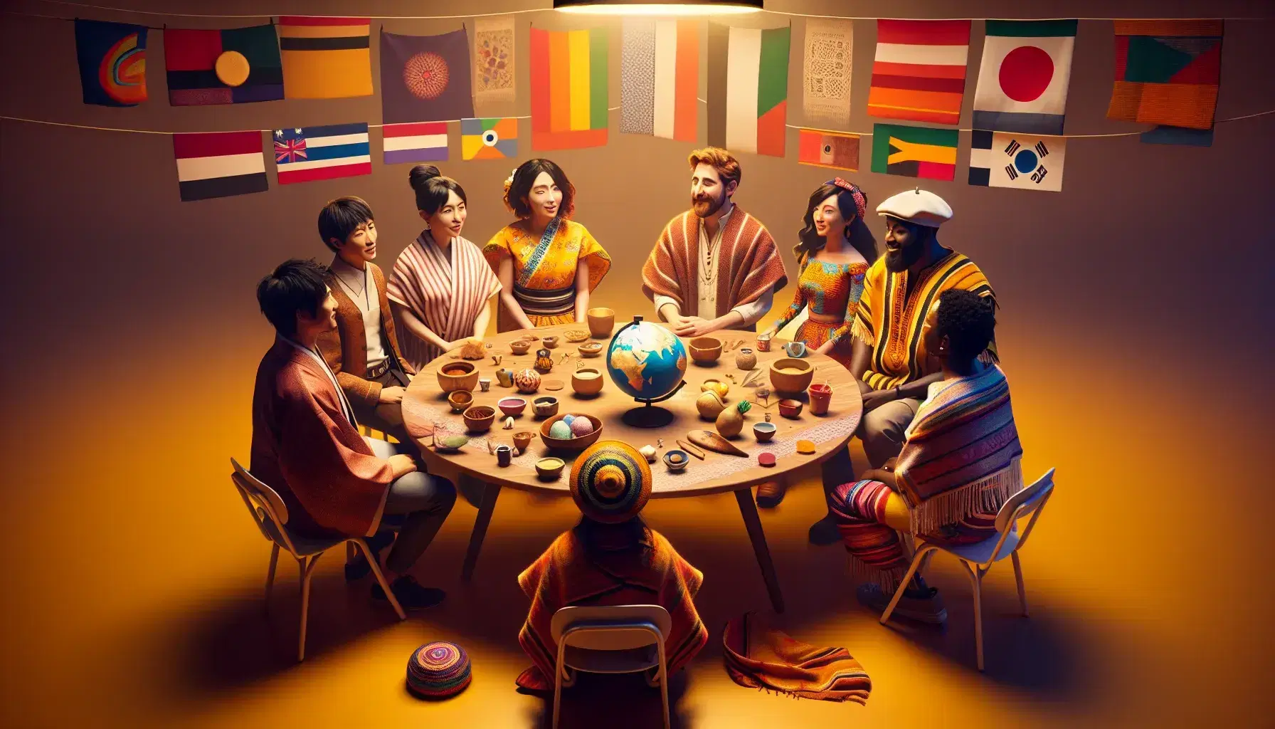 Cinque persone in abiti tradizionali dialogano intorno a un tavolo rotondo con oggetti multiculturali, esprimendo armonia e comprensione.
