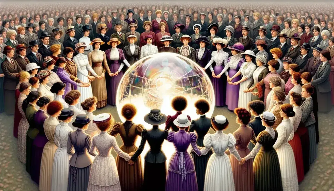 Gruppo multietnico di donne in abiti storici e moderni unito in cerchio, sostenendo una sfera di vetro che riflette la luce, simbolo di unità e futuro.