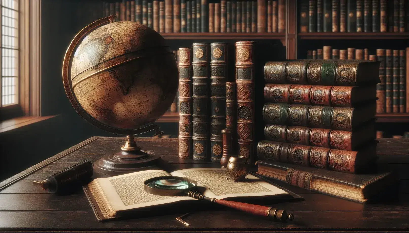 Escena en biblioteca antigua con mesa de madera oscura, globo terráqueo antiguo, lupa, cuaderno y libros apilados, iluminados por luz natural.