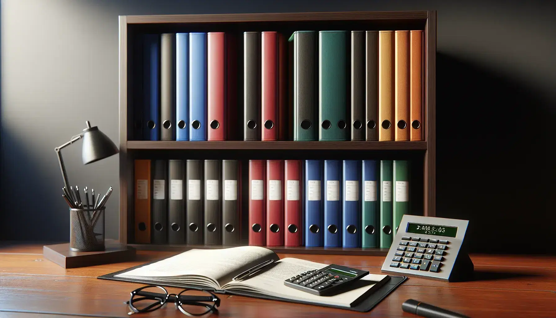 Estantería de madera oscura con carpetas de colores azul, rojo, verde y amarillo, calculadora gris, gafas y libro abierto con bolígrafo encima en un escritorio.