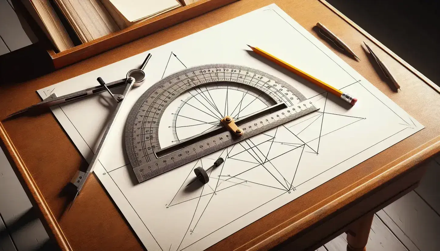 Classic classroom with teacher's desk featuring geometric tools, a hand-drawn right triangle on paper, protractor, sharp pencil, compasses, and a clear ruler.