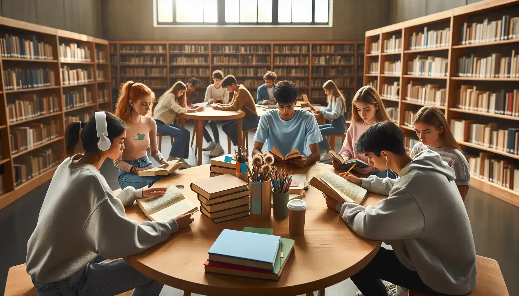 Grupo de estudiantes diversos estudiando en biblioteca con libros y dispositivos electrónicos, luz natural y planta interior.