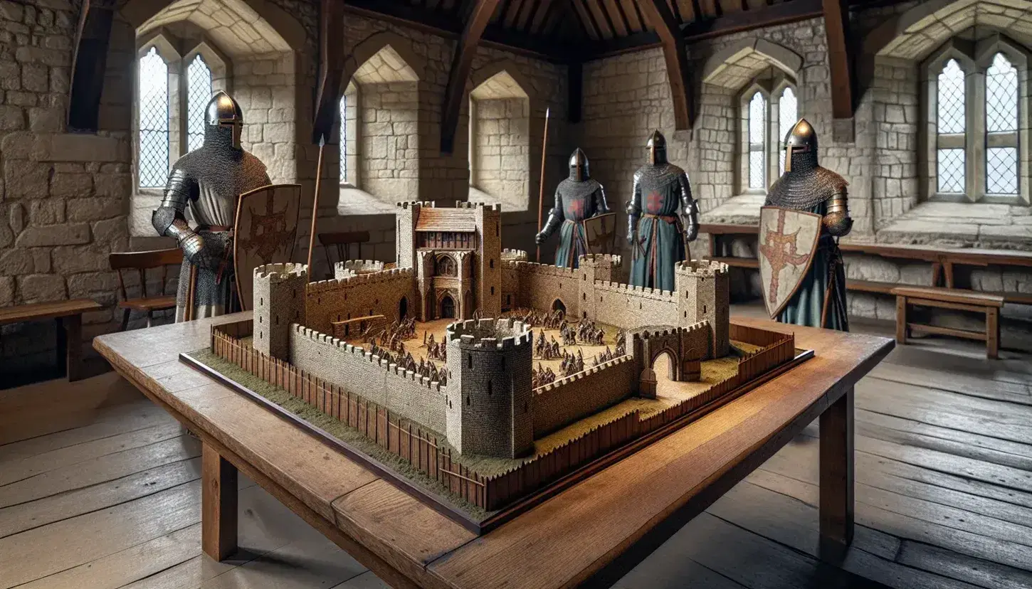 Interior of a Norman stone keep with table and motte-and-bailey castle model, two knights in armor and arched window.