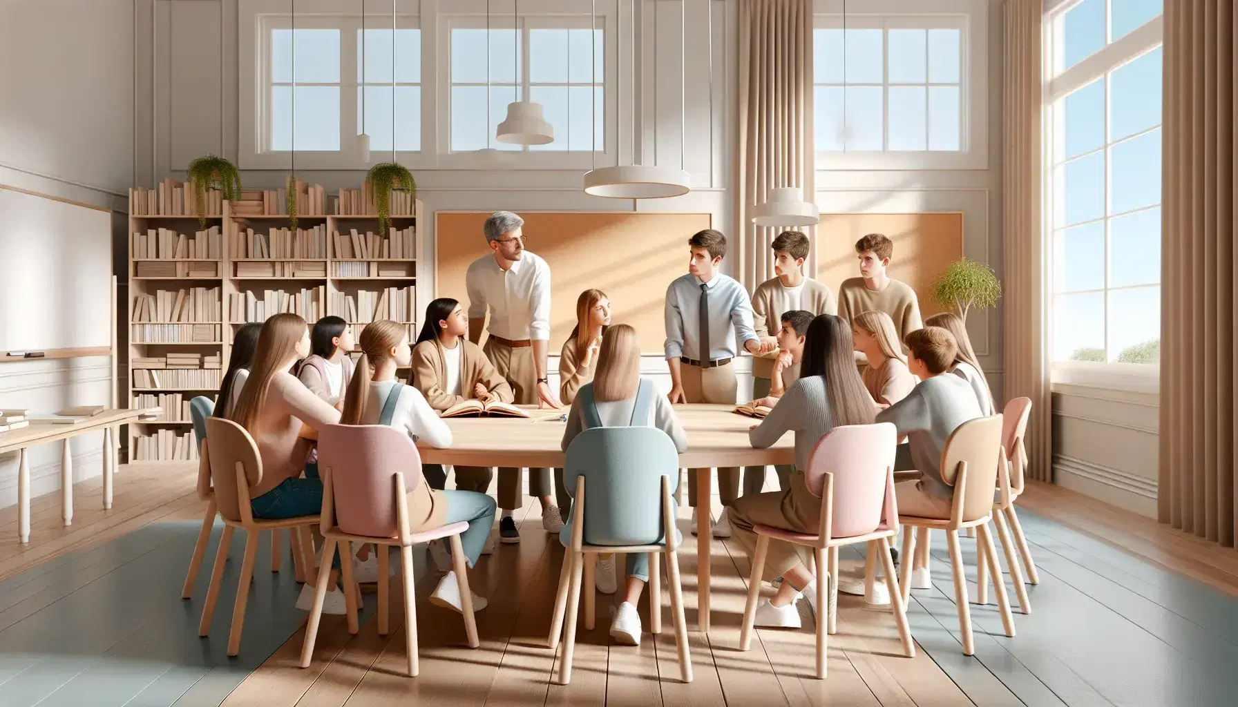 Aula luminosa con paredes color crema, mesa redonda de madera y sillas pastel ocupadas por estudiantes atentos a un objeto central, con un educador explicando y estanterías con libros al fondo.
