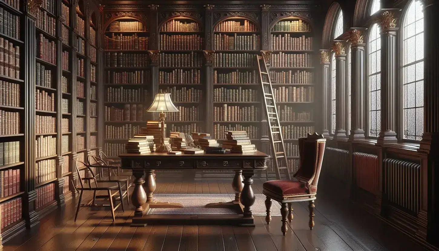 Biblioteca clásica con estanterías de madera oscura llenas de libros encuadernados en cuero, mesa central con libros abiertos, gafas y lámpara, silla con cojín rojo y escalera junto a ventana arqueada.