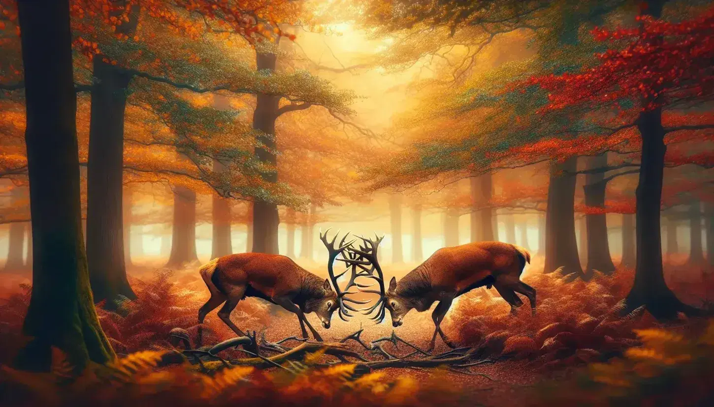 Two male deer with tangled antlers fighting for dominance in a blurry autumn forest, with fallen leaves and light fog.