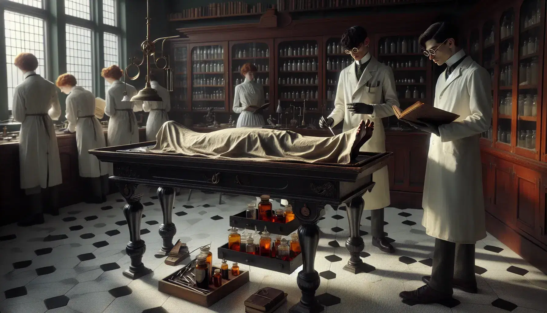 Escena de un laboratorio de disección de principios del siglo XX con dos estudiantes en batas blancas examinando un cadáver sobre una mesa de madera oscura, rodeados de estantes con frascos y herramientas quirúrgicas.