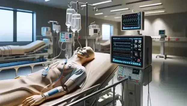 Maniquí de entrenamiento médico en cama de hospital con ventilador mecánico y monitor de signos vitales en unidad de cuidados intensivos.