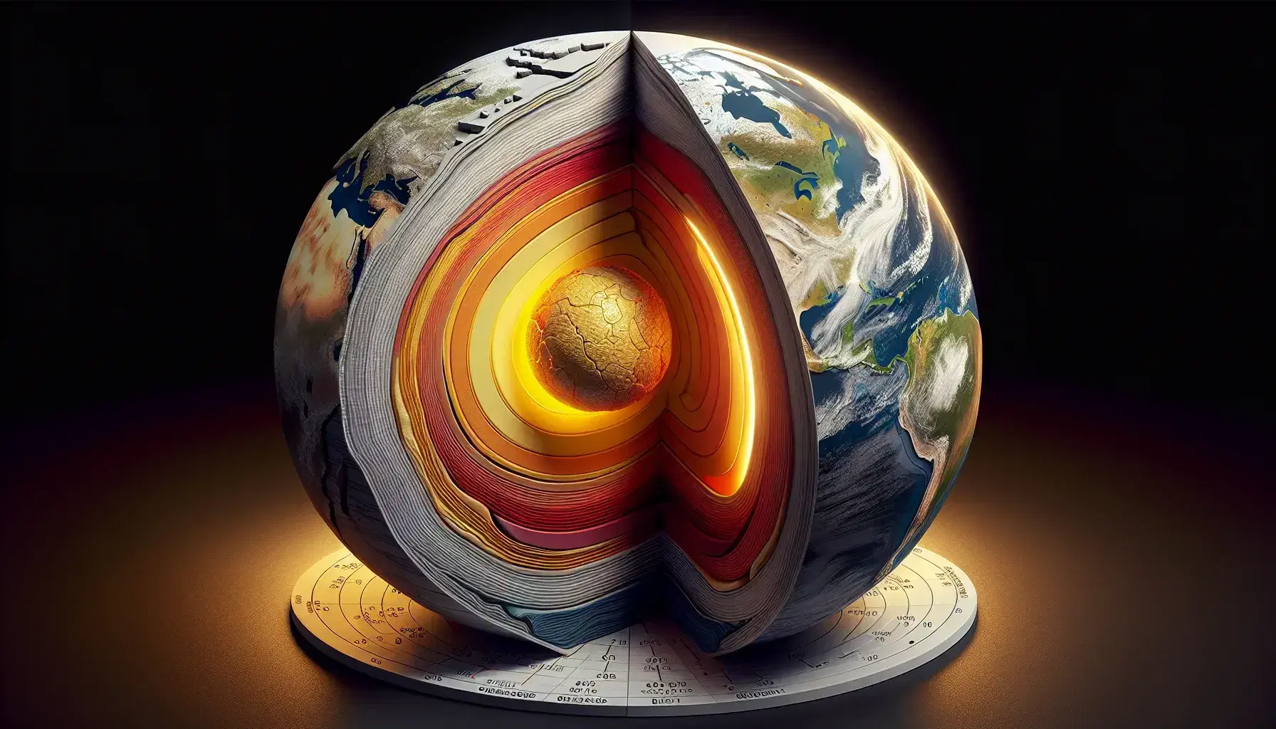 Sezione trasversale della Terra che mostra crosta, mantello con gradiente di colore e nucleo diviso in nucleo esterno e interno.