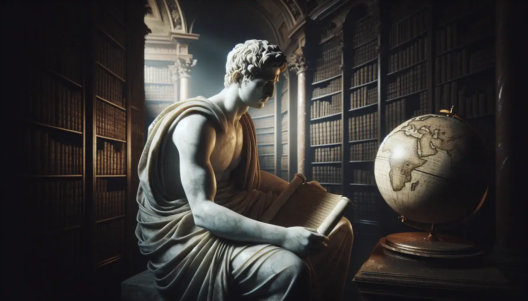 Statua in marmo bianco di figura storica seduta con toga e leggendo un rotolo di papiro, con sfondo di biblioteca antica e globo terrestre.