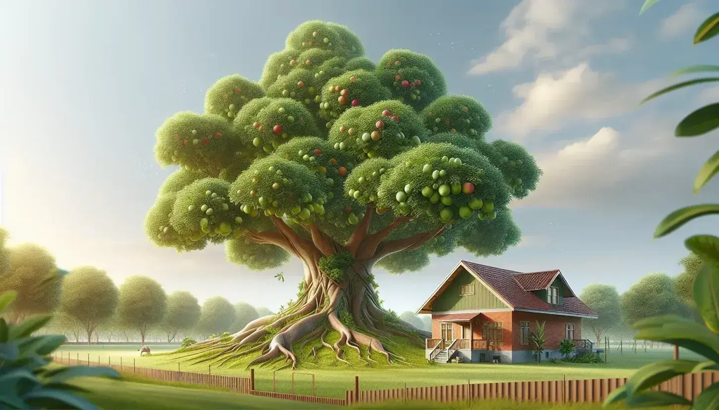 Árbol frondoso con tronco marrón y raíces visibles, hojas verdes y frutas variadas, junto a casa de ladrillo rojo con tejado marrón bajo cielo azul con nubes dispersas.
