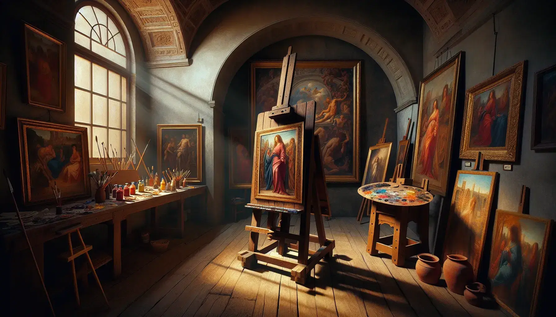 Atelier rinascimentale con cavalletto e dipinto in corso, tavolo con strumenti d'artista, statue e quadri vari.