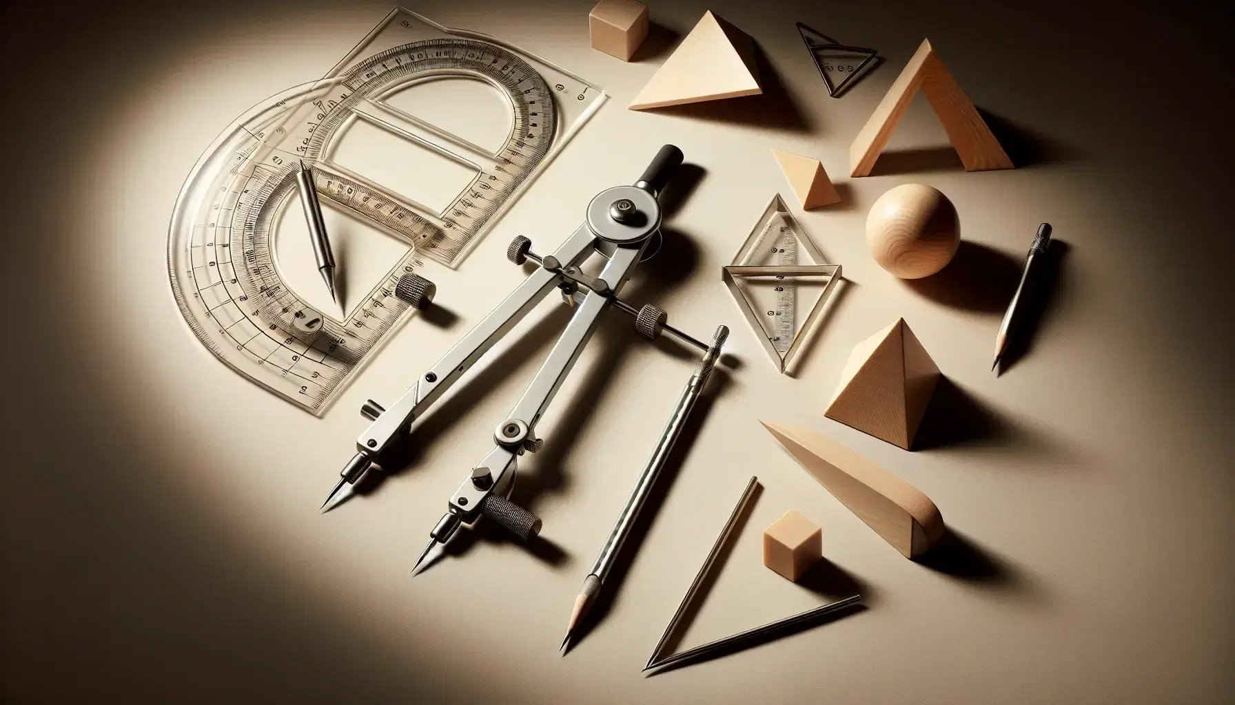 Geometric tools and shapes on a neutral surface: compass, protractor, wooden shapes, metal dividers and colored acrylic shapes.