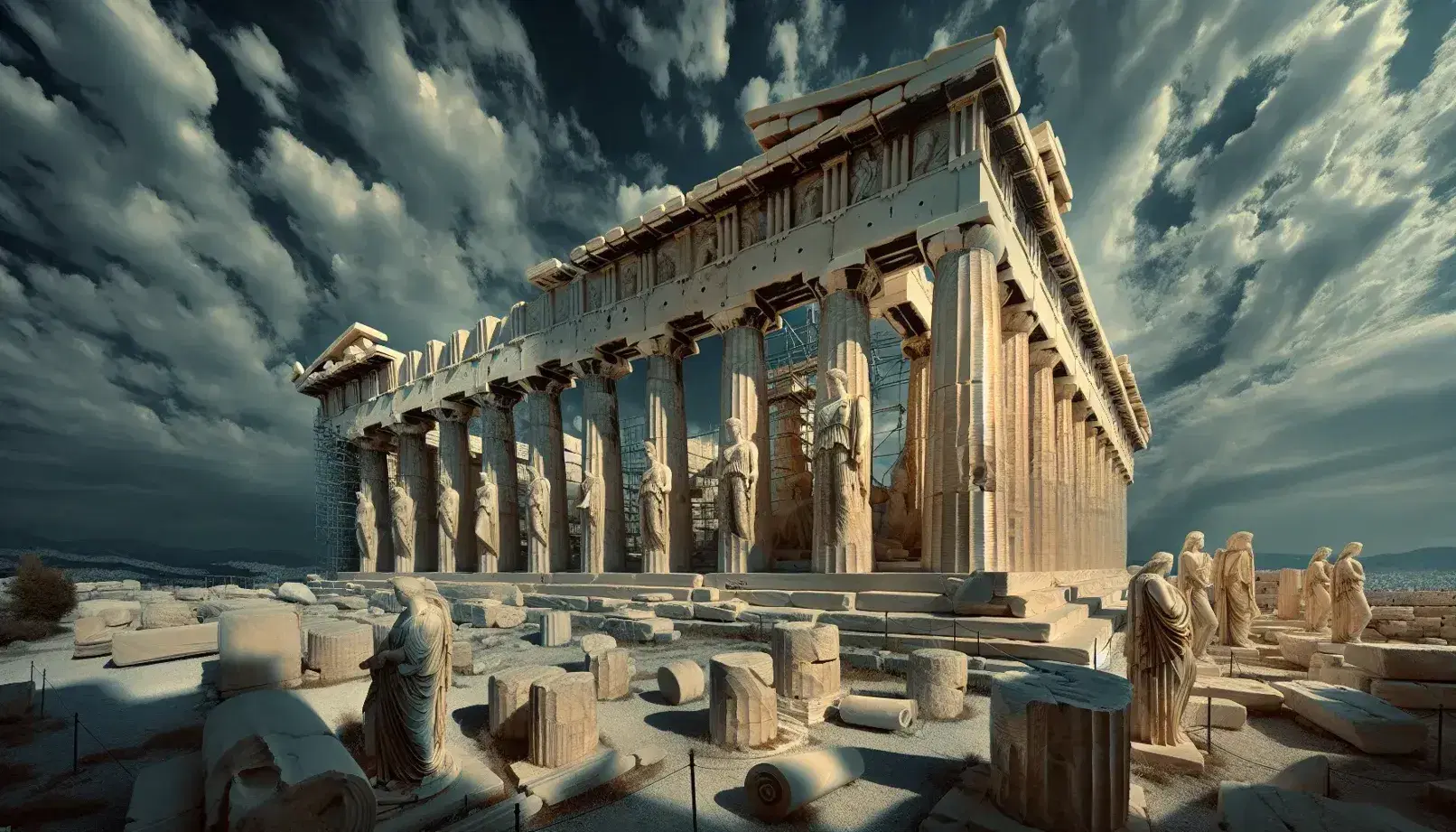 Partenone ad Atene con colonne doriche e fregio con bassorilievi sotto cielo azzurro, senza presenza di persone o elementi moderni.