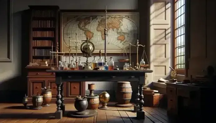 Laboratorio antiguo con mesa de madera oscura, balanza de brazos iguales, frascos con líquidos coloridos, telescopio de latón, estantería con libros encuadernados y mapa mundi en la pared.