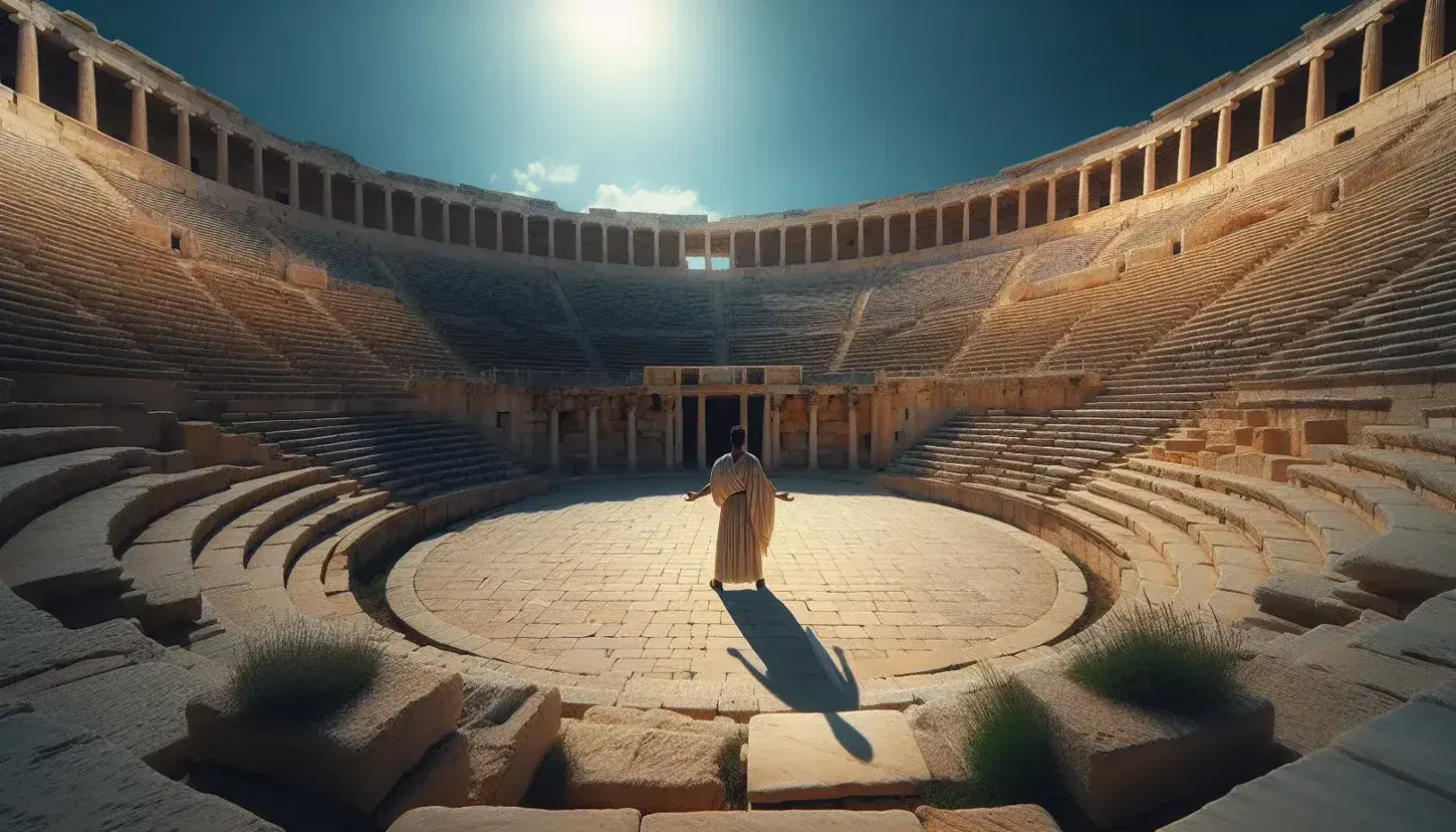 Anfiteatro greco antico con gradinate in pietra beige, figura umana in tuniche al centro e cielo azzurro intenso senza nuvole.