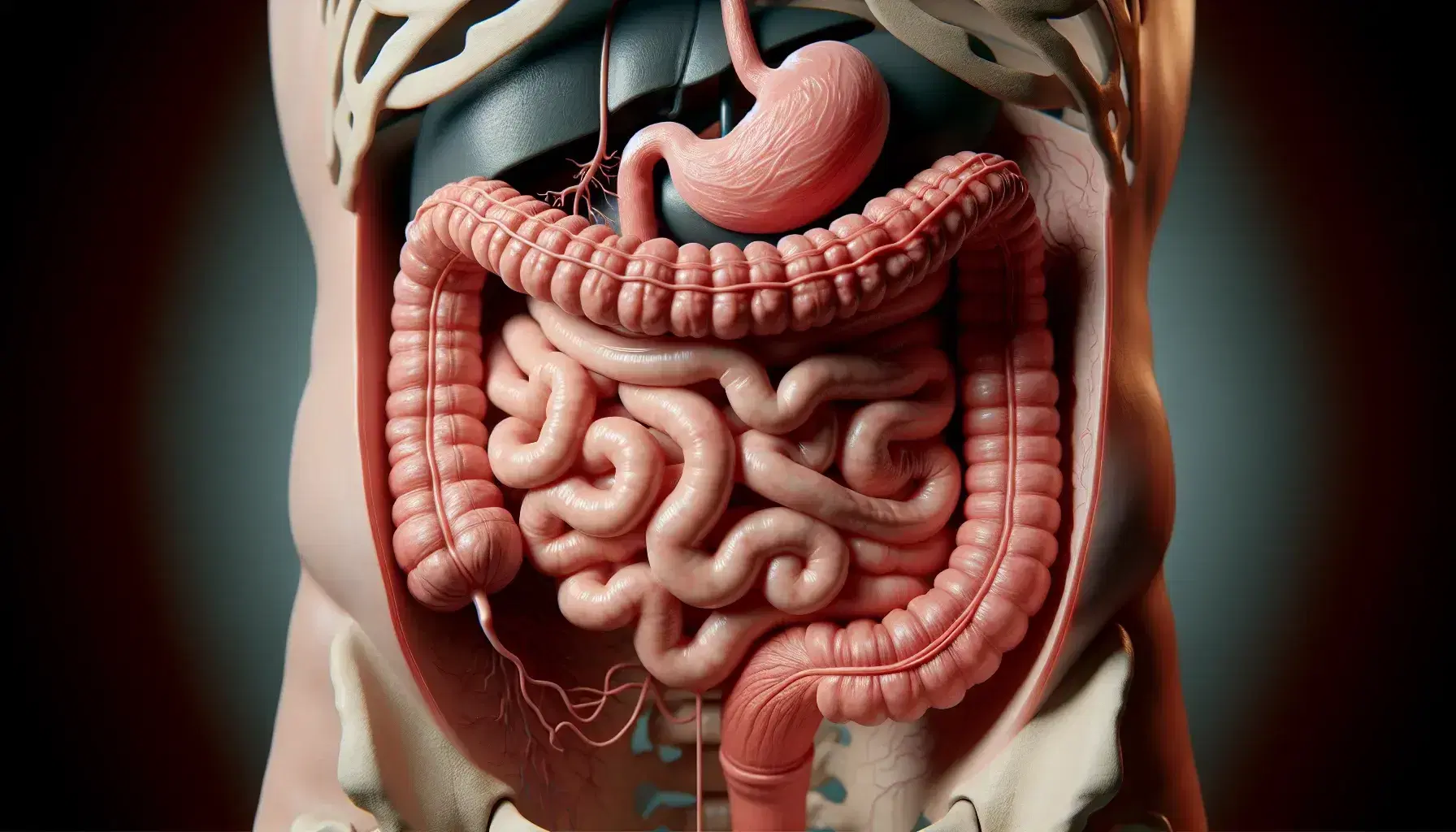 Modelo anatómico 3D del sistema digestivo humano mostrando el tracto desde la boca hasta el intestino grueso con detalles realistas de textura y color.