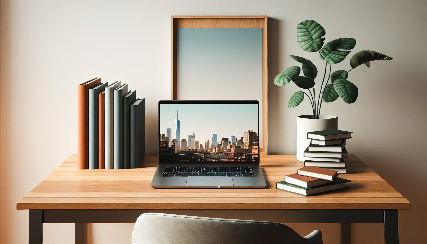 Contemporary home office with wooden desk, silver laptop, stack of unmarked books, potted plant, framed cityscape photo, gray armchair, and textured rug.
