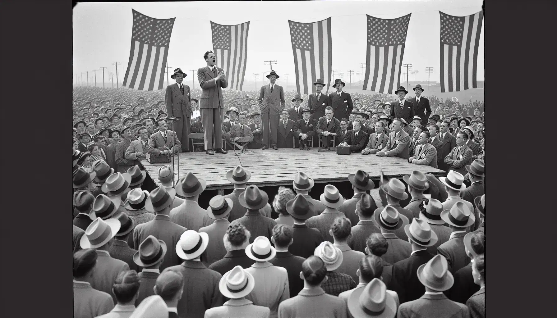 1948 campaign rally with an animated speaker on a platform, crowd in period attire, and American flags in a patriotic outdoor setting.