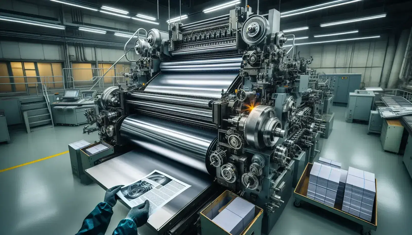 Macchina da stampa offset in funzione con operatore che controlla la qualità di fogli bianchi stampati, riflessi metallici e cilindri visibili.