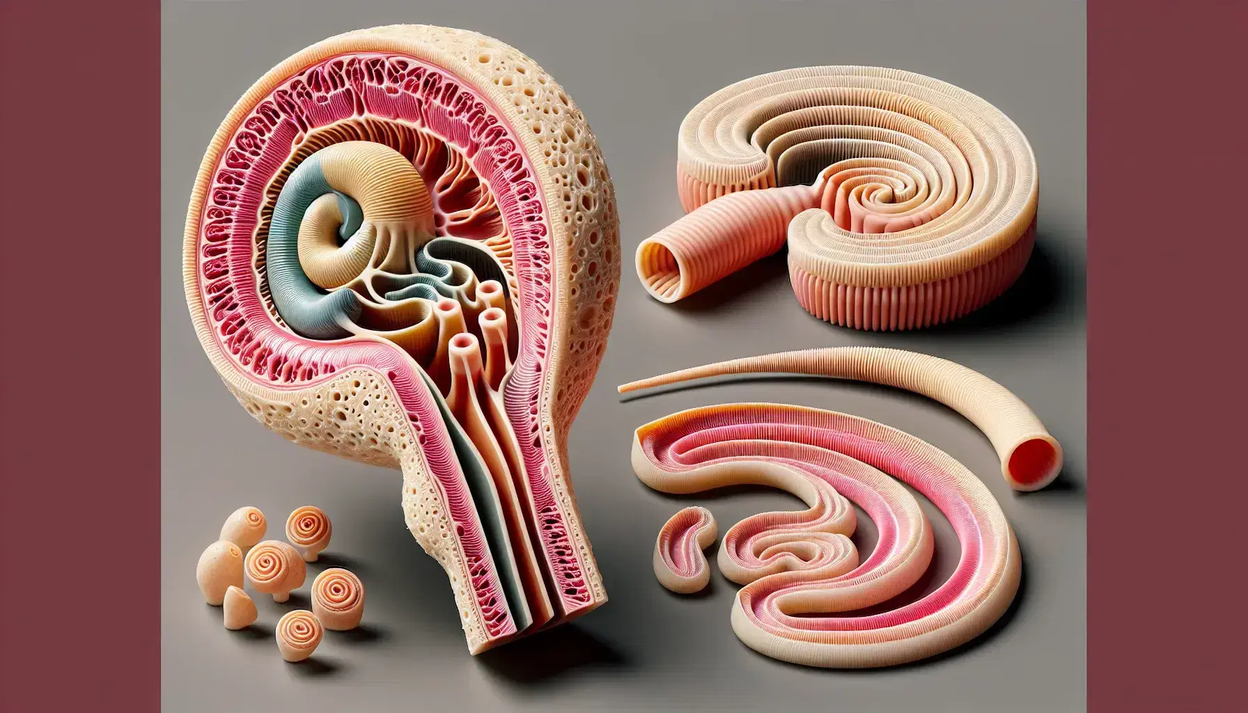Modelo 3D del oído interno humano mostrando la cóclea en tonos rosa y crema, canales semicirculares y nervio auditivo.