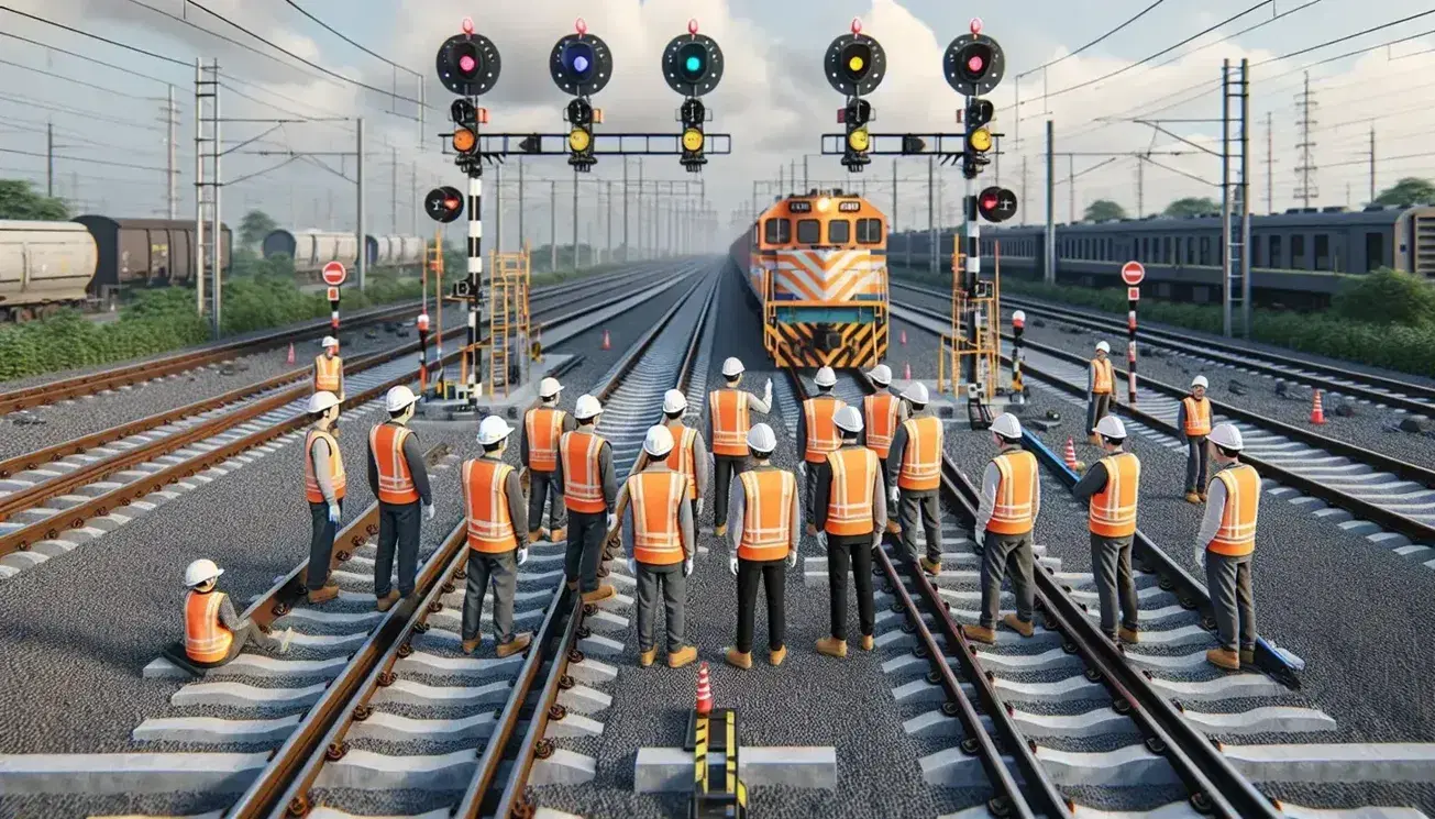 Grupo de trabajadores con chalecos reflectantes y cascos de seguridad en una plataforma ferroviaria, con señales de tren y locomotora al fondo bajo un cielo azul claro.