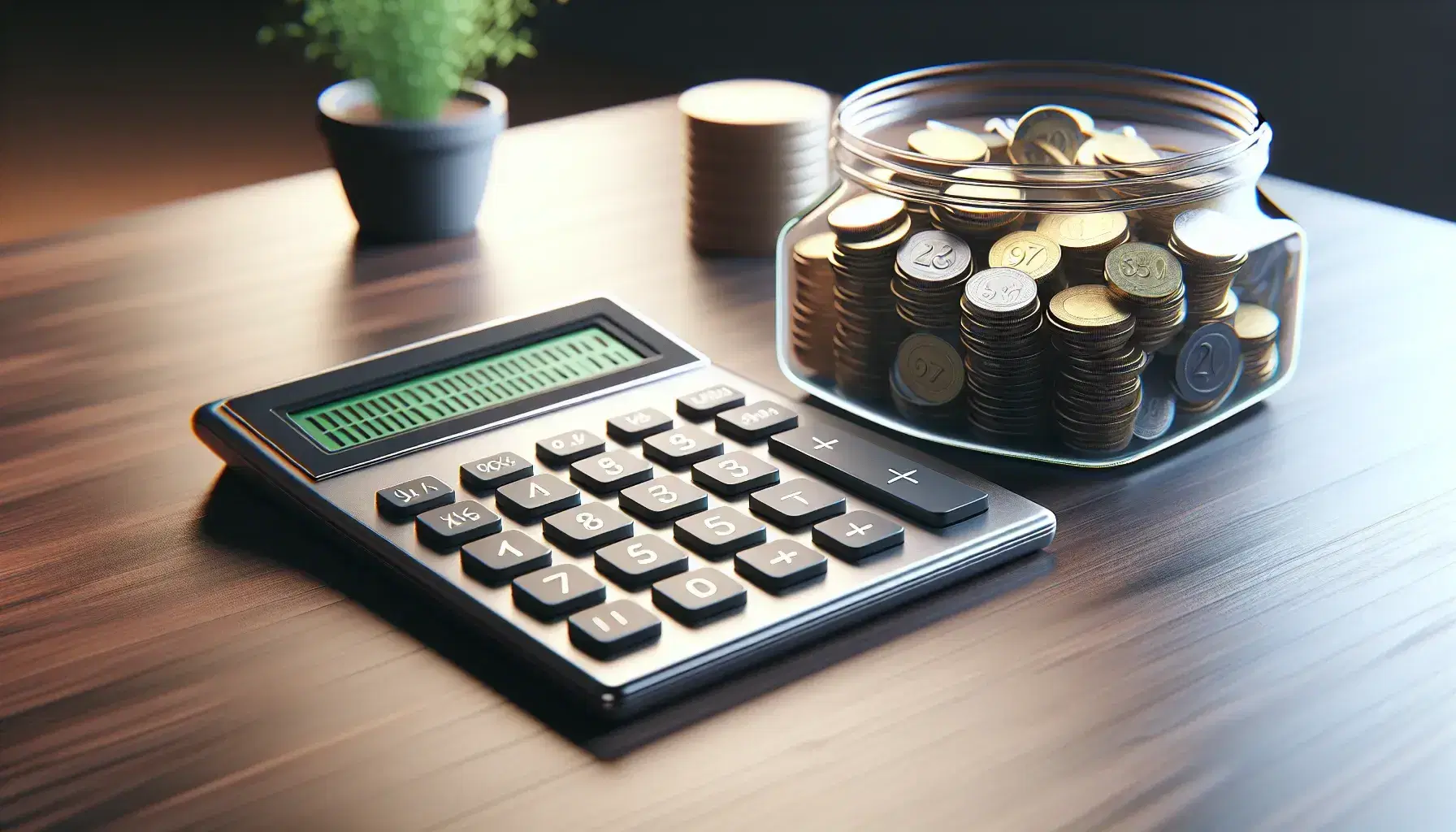 Modern silver calculator with rounded black buttons on a polished wooden desk beside a glass jar overflowing with mixed coins, under soft lighting.
