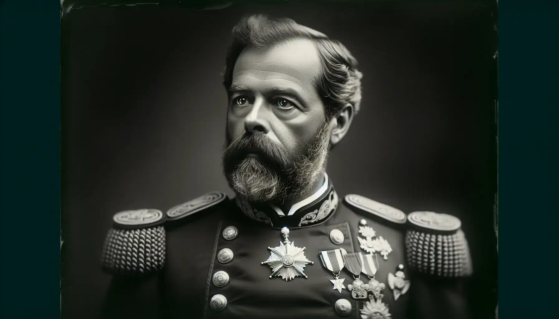 Ritratto in bianco e nero di figura storica italiana del XIX secolo in uniforme militare con medaglie e ordini cavallereschi, espressione seria.