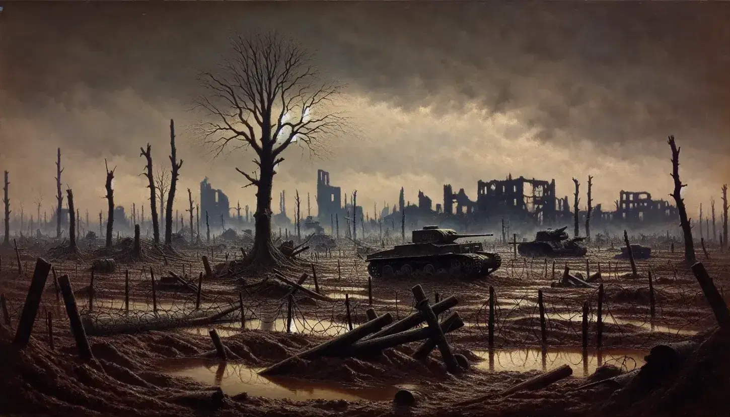 Post-battle World War II landscape with muddy craters, leafless trees, barbed wire remnants, a destroyed town backdrop, and an abandoned, mud-caked tank.