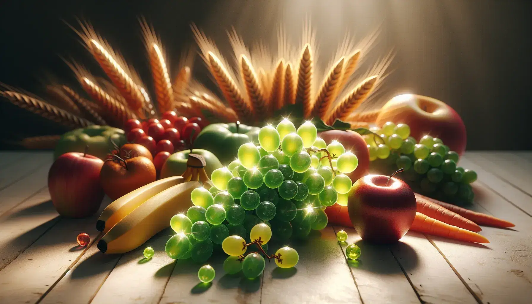 Frutta fresca e verdure su superficie in legno chiaro con uva verde, mela rossa, banana matura, carote arancioni e spighe di grano.