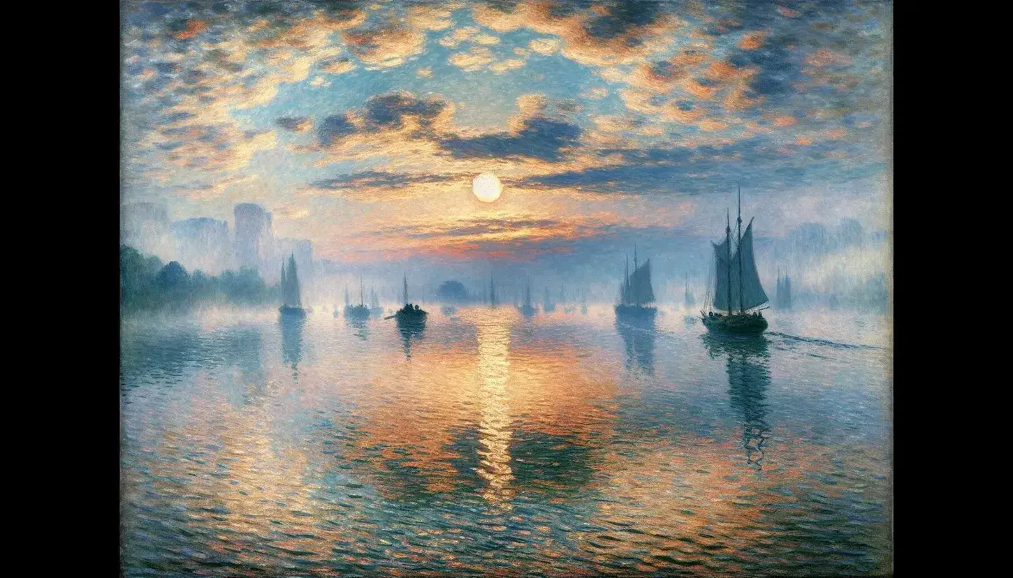Dipinto 'Impressione, alba' di Monet con sole arancione, barche a vela e riflessi vibranti sull'acqua del porto di Le Havre.