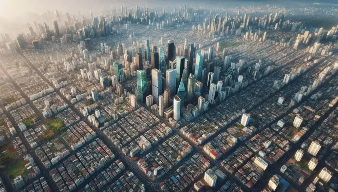 Vista aérea de ciudad densamente poblada con rascacielos centrales, calles en cuadrícula, zonas residenciales con techos inclinados y áreas verdes periféricas.