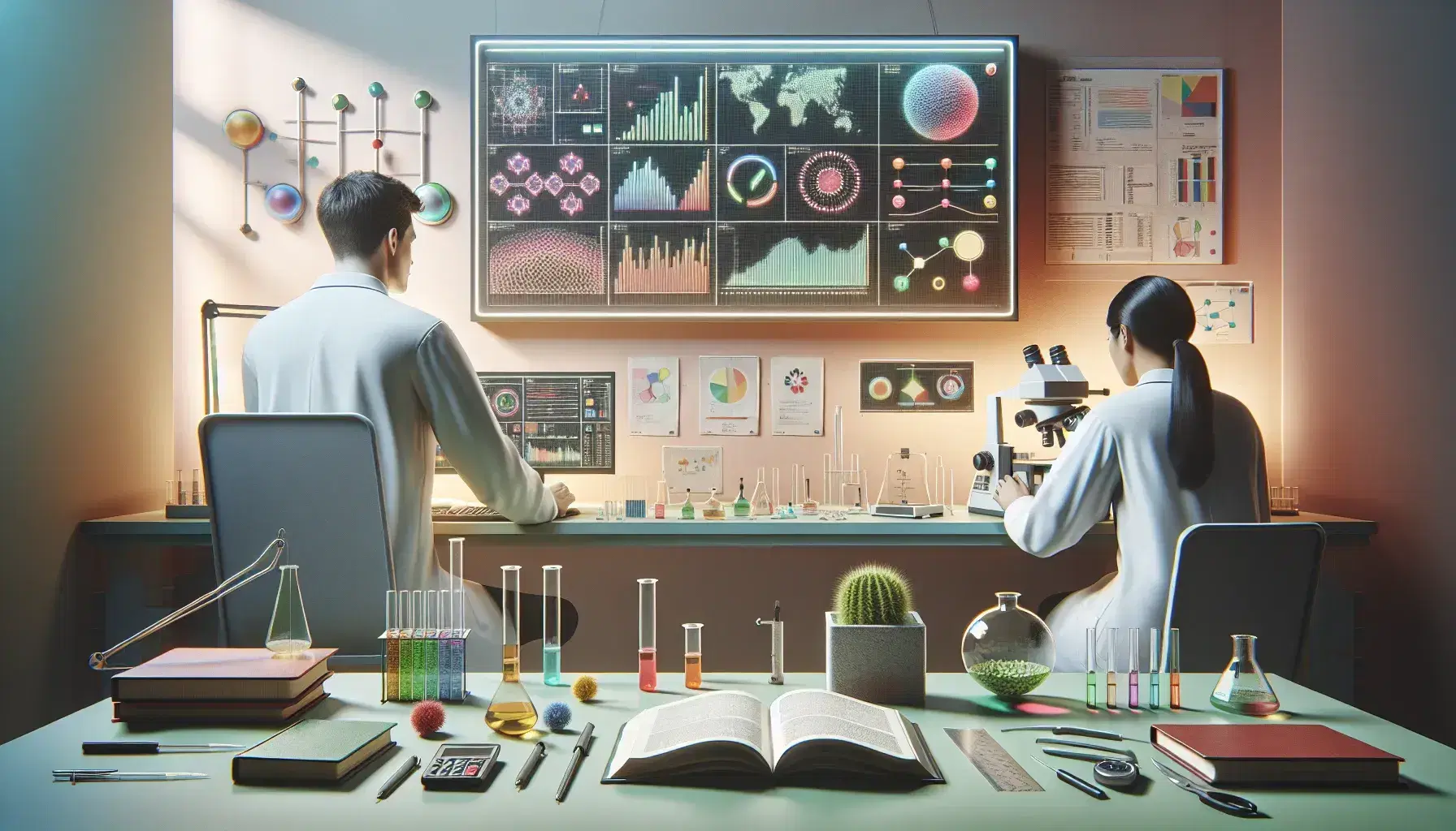 Researchers in laboratory with scientific instruments: man observes graphs on computer, woman writes down data, equipment and plants on table.