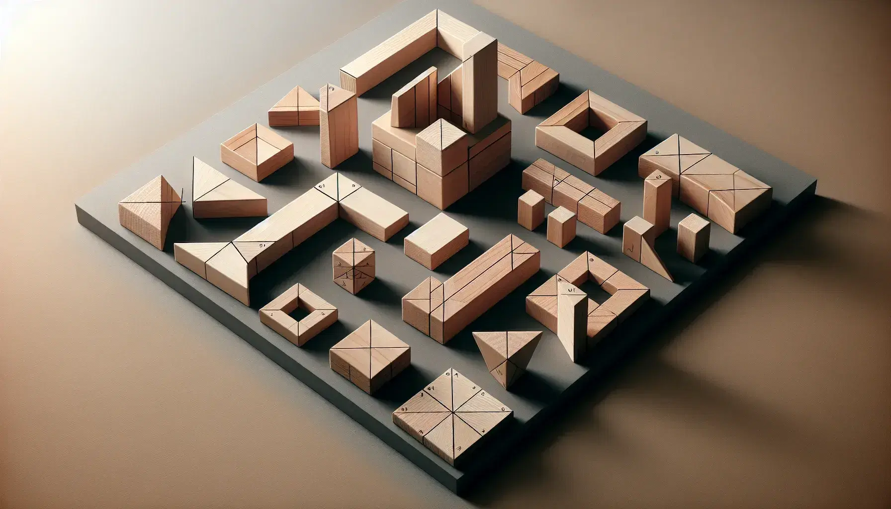 Assorted geometric wooden blocks forming a rectangle, square, rhombus, parallelogram, and trapezoid on a matte gray surface, highlighting shapes and angles.